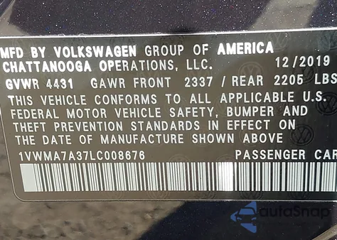 2020 Volkswagen Passat 2.0T R-Line from USA, damaged, VIN 1VWMA7A37LC008676